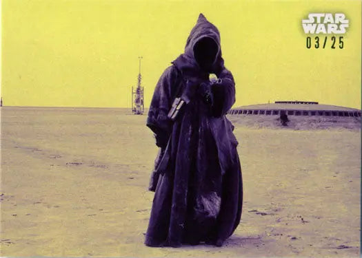 Hooded figure in purple robes on desert terrain from Star Wars trading cards