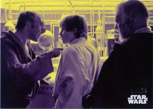 Three figures in purple hues converse on a Star Wars trading card