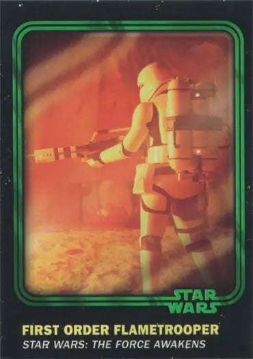 Armored figure with a flamethrower featured on Star Wars Green Parallel Chase Card 57