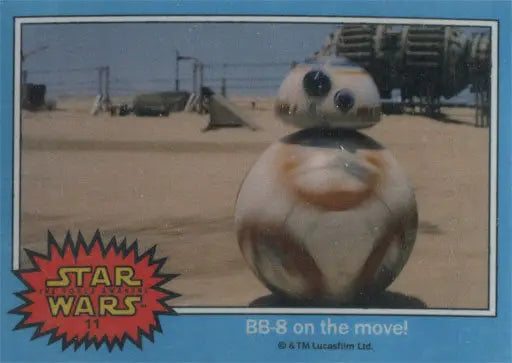 Spherical white and orange droid from Force Awakens on Star Wars trading cards