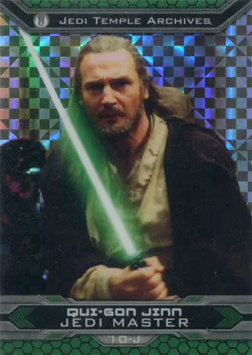 Holographic trading card of Jedi Master with green lightsaber in Star Wars base card