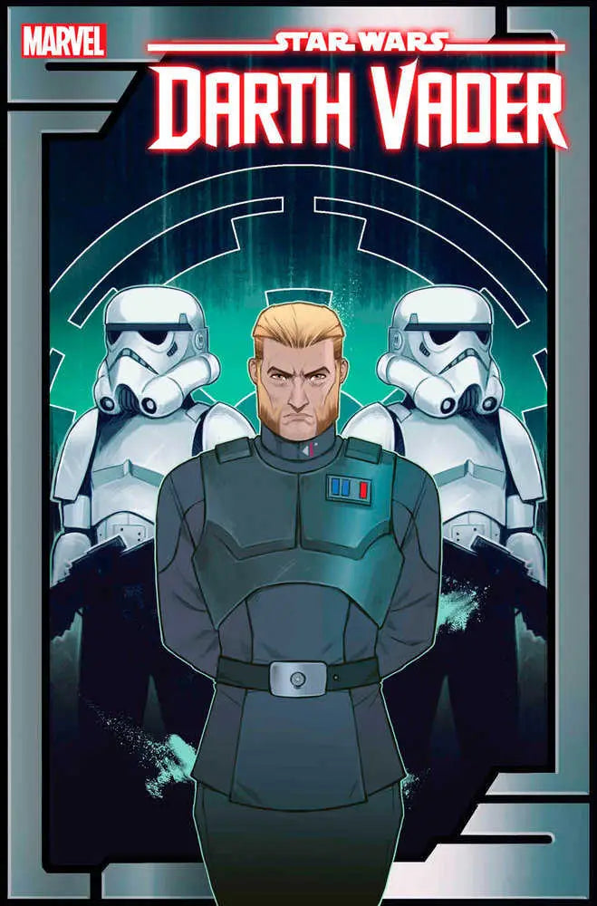 Comic book cover of Darth Vader with Imperial officer and Stormtroopers for trading cards