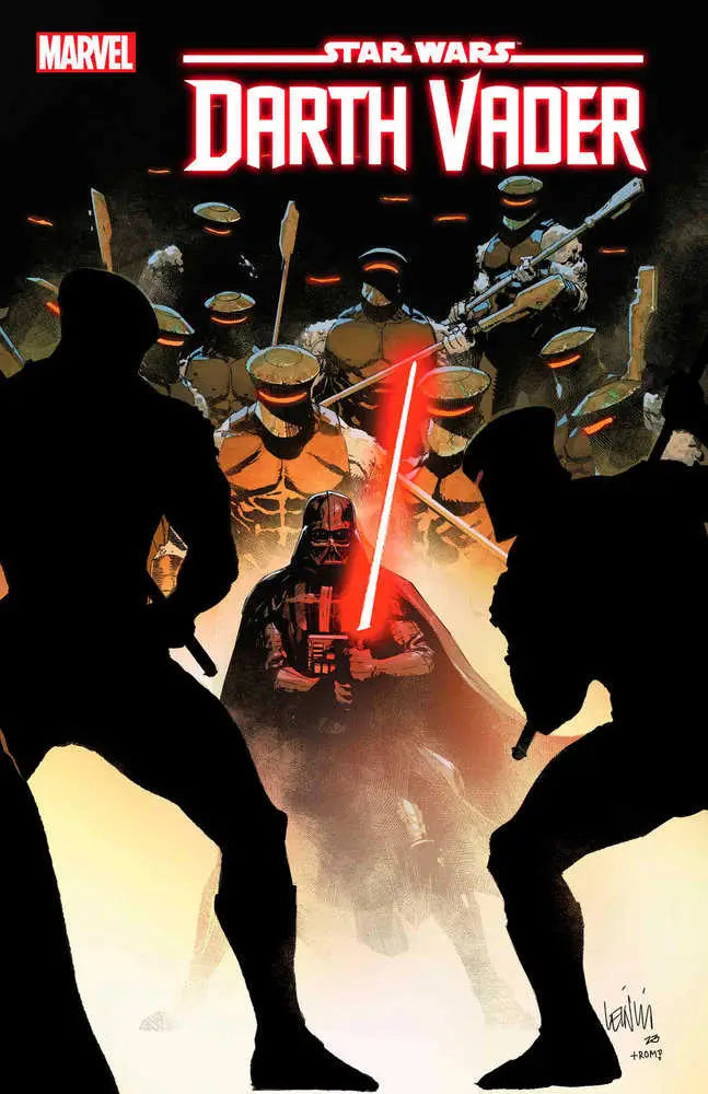 Comic book cover of Darth Vader with red lightsaber and soldiers for Star Wars: Darth Vader #46