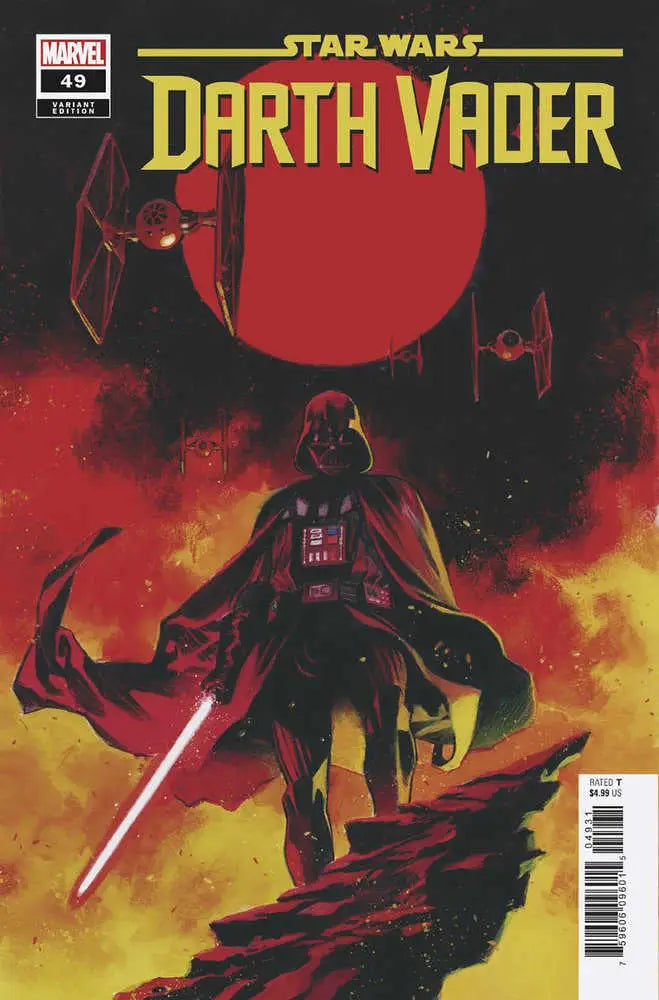 Darth Vader with red lightsaber ignited in Dike Ruan Variant against fiery backdrop