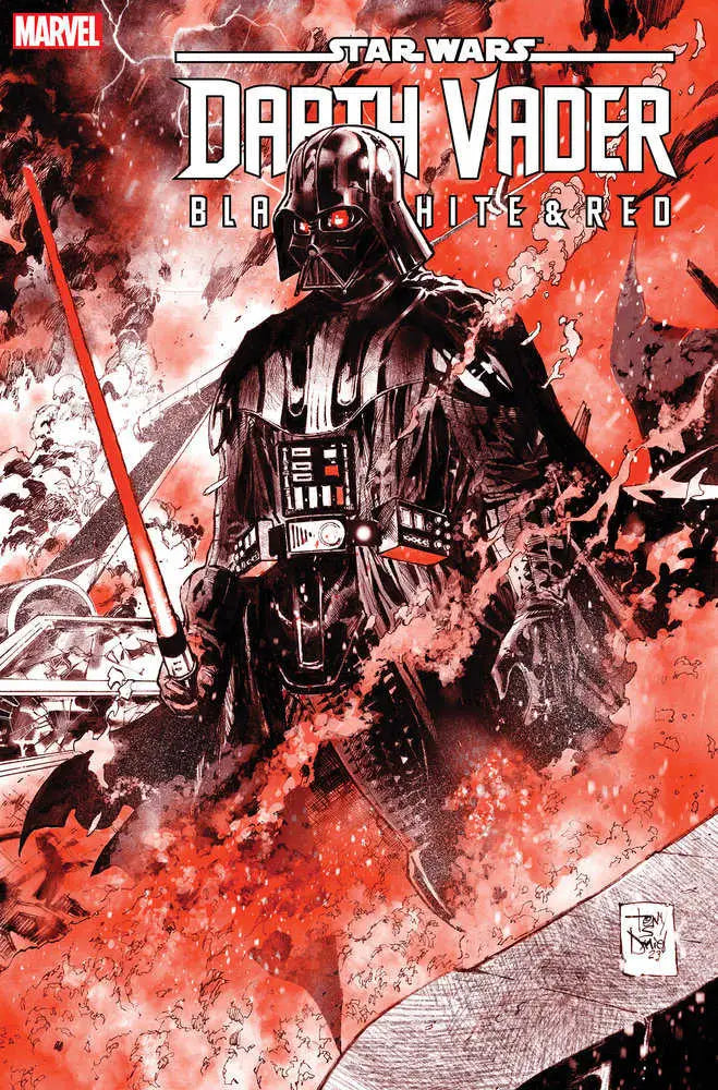 Darth Vader in black armor against red backdrop on Star Wars trading cards variant