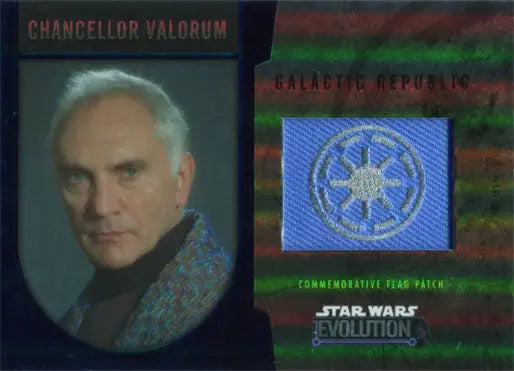 Trading card of Galactic Republic Chancellor Valorum with flag patch emblem