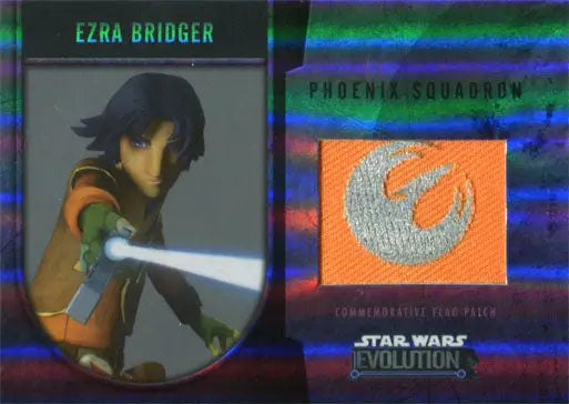 Star Wars trading card featuring Phoenix Squadron Ezra Bridger and the flag patch emblem