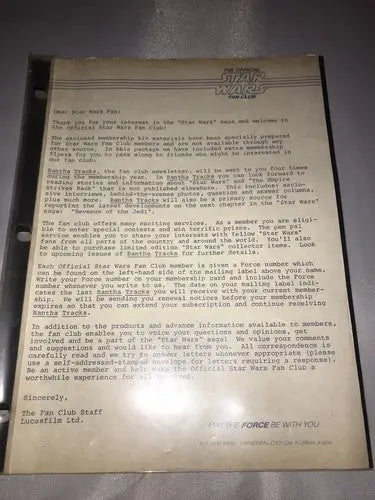 Star Wars Fan Club Revenge of the Jedi 1982 Fan Letter Original - Entertainment Memorabilia