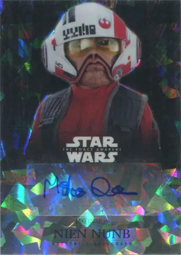 Holographic Star Wars trading card of Mike Quinn in pilot’s helmet, Force Awakens Chrome