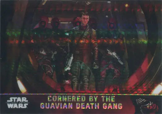 Holographic trading card showcasing Star Wars character in a chase card scene