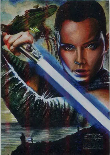 Portrait of a person with a blue lightsaber in Star Wars Legends Chase Card artwork