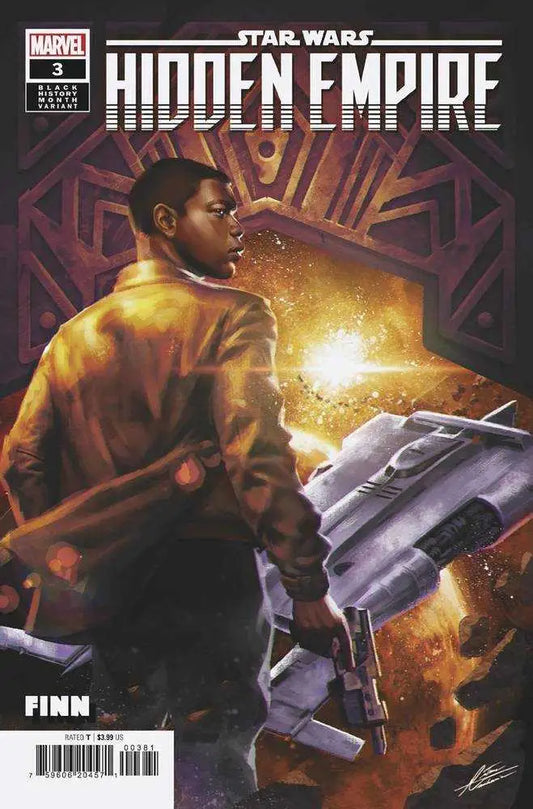 Comic book cover of Star Wars Hidden Empire featuring character with spaceship and fire