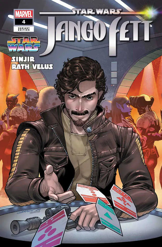 Comic book cover of Jango Fett playing cards in a brown leather jacket