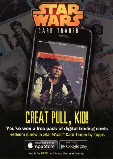 Advertisement for Star Wars Card Trader app showcasing free digital trading cards