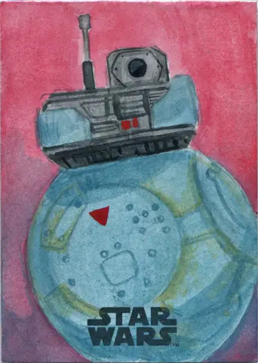 Stylized painting of BB-8 droid on a Star Wars sketch card by Asia Ellington