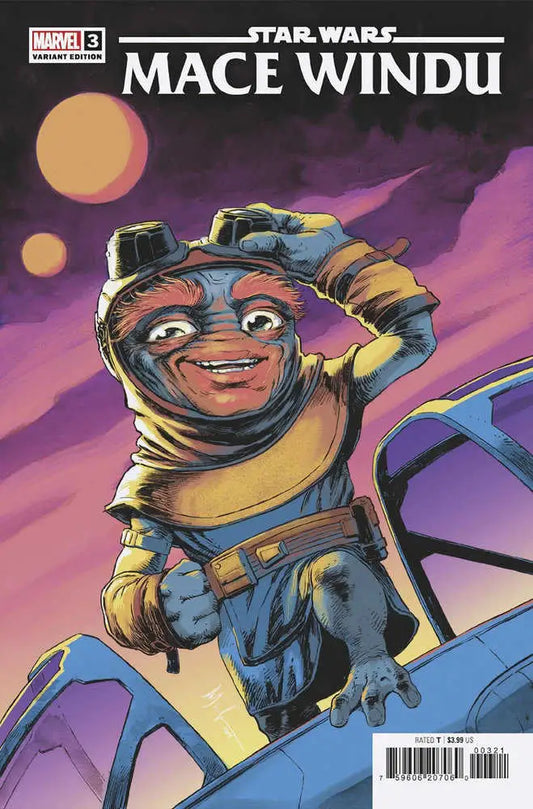 Comic book cover of Mace Windu in spacesuit against purple sky, Star Wars variant