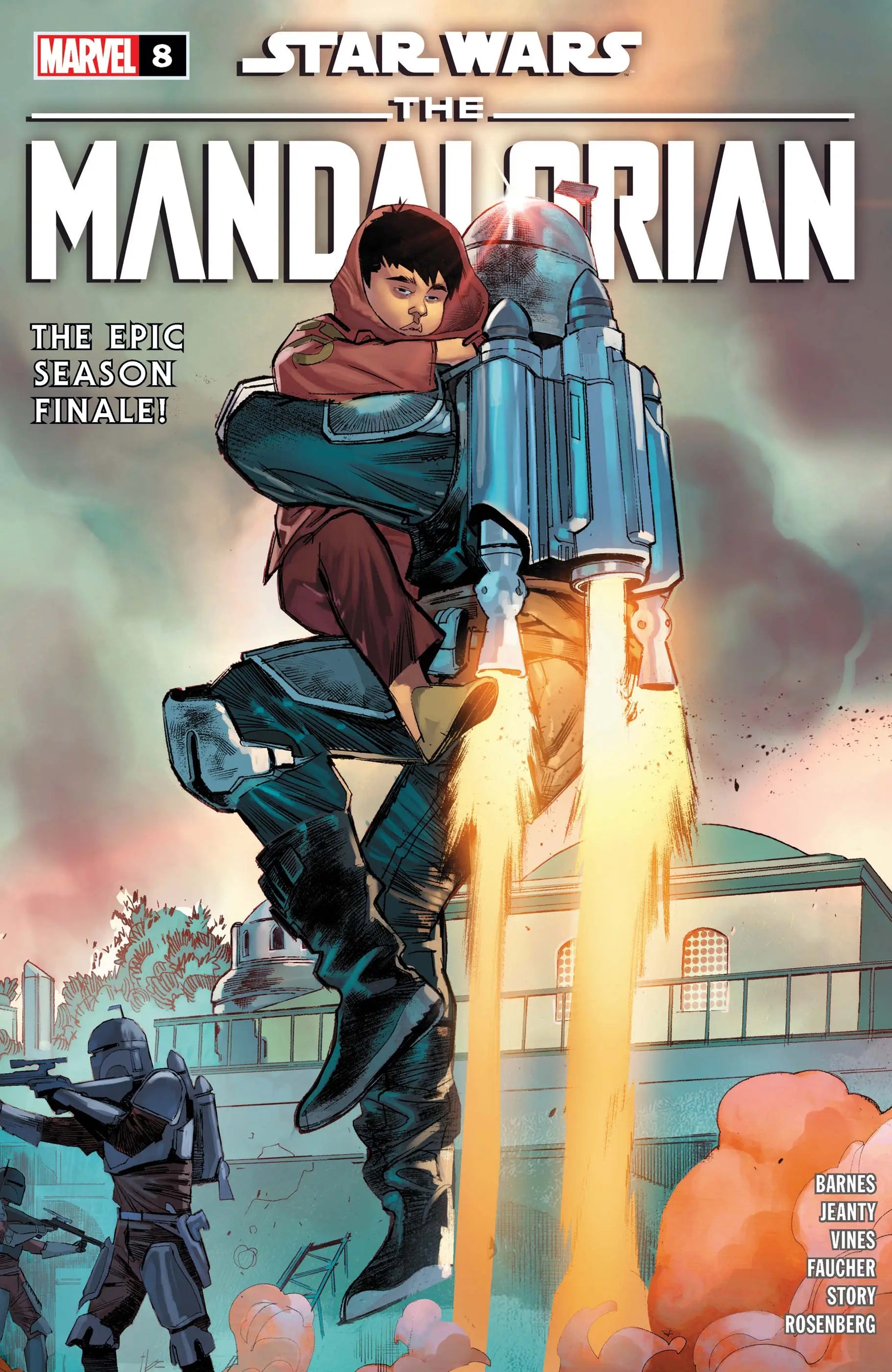 Star Wars Mandalorian #8 comic cover featuring a character in flight with a jetpack