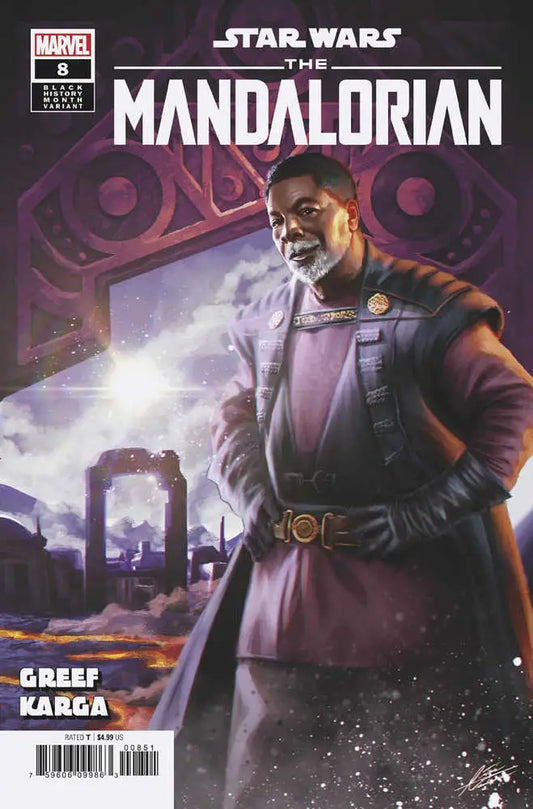 Star Wars Mandalorian #8 cover features dark uniformed character and purple backdrop