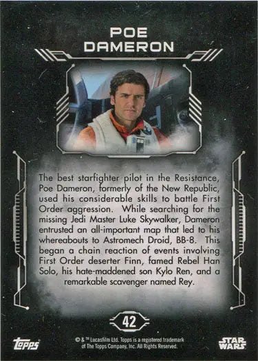 Trading card of Poe Dameron in white and orange outfit against a starry backdrop