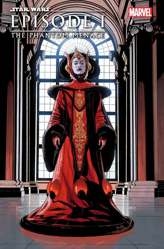 A figure in a red royal gown poses in Star Wars Phantom Menace 25th Anniversary art