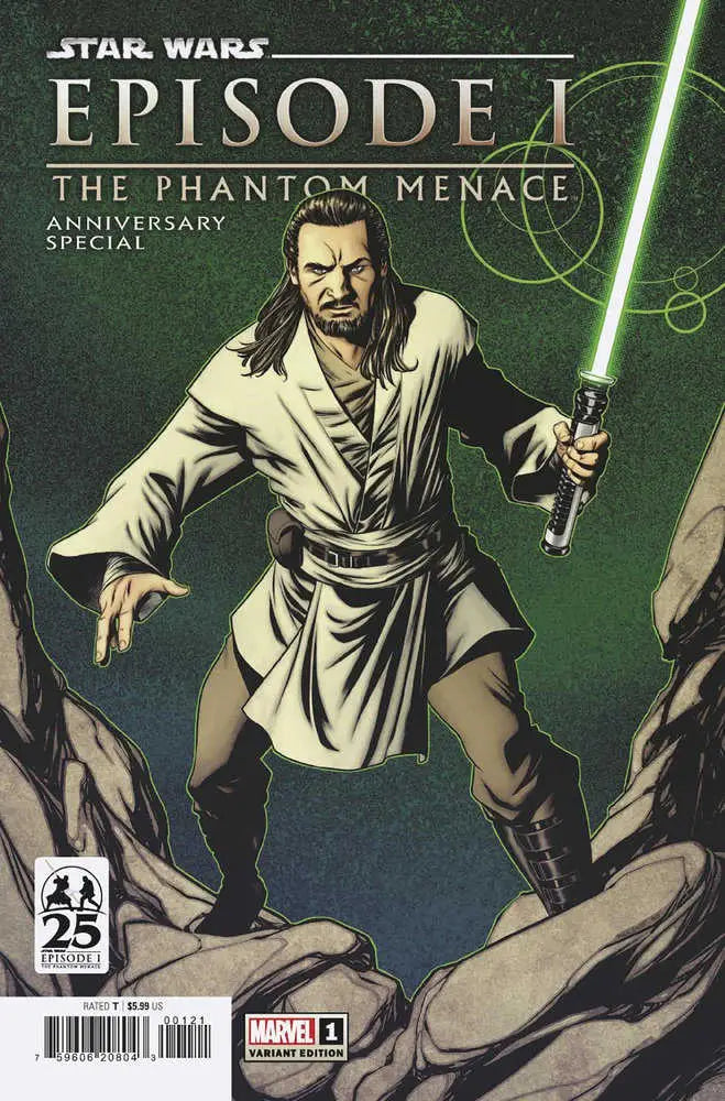 Comic book cover for Star Wars Phantom Menace 25th Anniversary with Jedi and lightsaber