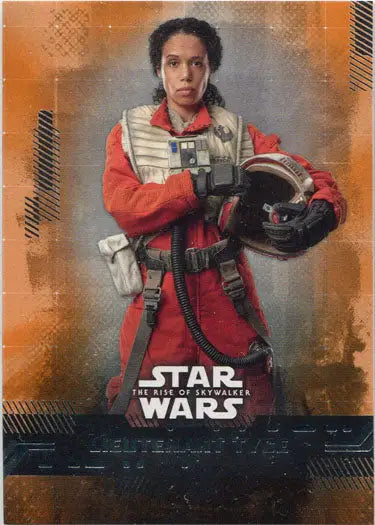 Person in red and white pilot uniform with helmet for Star Wars Rise Skywalker Orange Parallel trading card