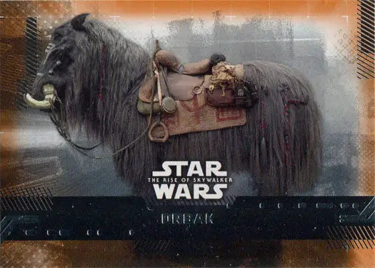 Shaggy dark-haired creature with saddle from Star Wars Rise Skywalker Orange Parallel trading card