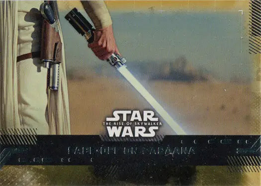 Ignited blue lightsaber in hand with desert background on Star Wars Gold Parallel trading card