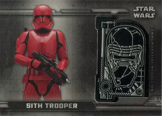 Red-armored Sith Trooper with blaster rifle featured on Star Wars commemorative medallion card