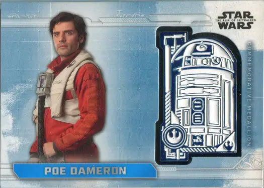 Star Wars commemorative medallion card featuring Poe Dameron and R2-D2 illustration