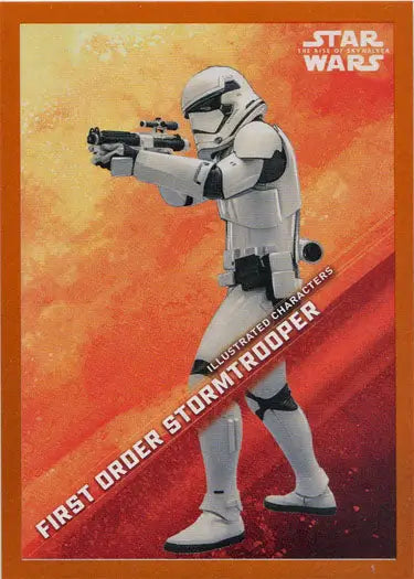 First Order Stormtrooper in white armor aiming blaster on illustrated character trading card