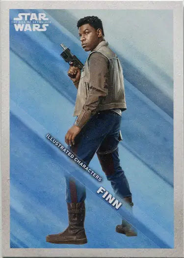 Star Wars illustrated character trading card of Finn holding a blaster in Rise Skywalker