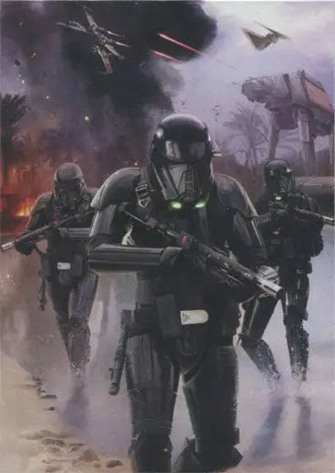 Armored soldiers with glowing green visors on Star Wars Rogue One montage card