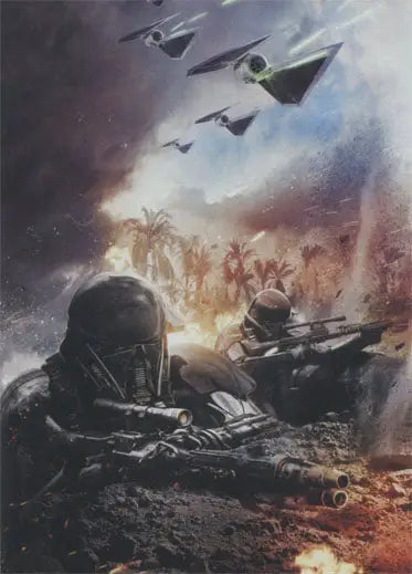 Soldiers in combat gear taking cover in Star Wars Rogue One Imperial Assault montage card