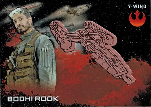 Y-wing starfighter blueprint against space in Star Wars Rogue One Medallion trading card