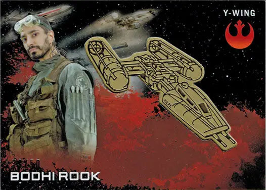 Y-wing starfighter gold schematic in Star Wars trading cards Bodhi Rook medallion