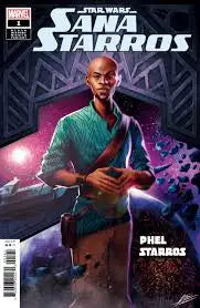 Comic book cover of Star Wars Sana Starros #1 featuring a bald man with a lightsaber