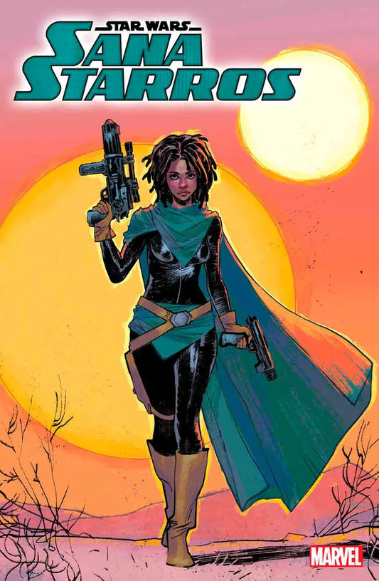 Comic book cover of Sana Starros with blaster and cape against a sunset backdrop