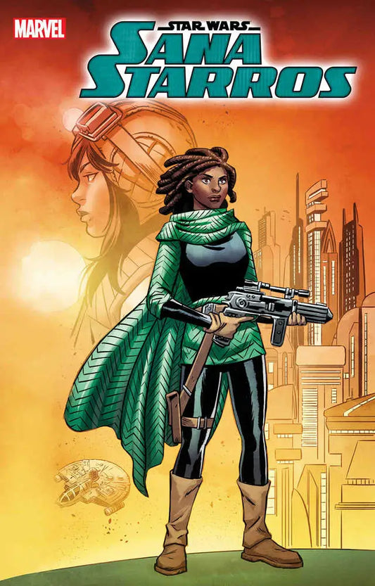 Comic book cover of Star Wars Sana Starros #2 featuring a character with a blaster