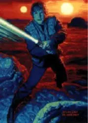Figure with glowing blue sword against orange sky in SOTE3 promo card artwork
