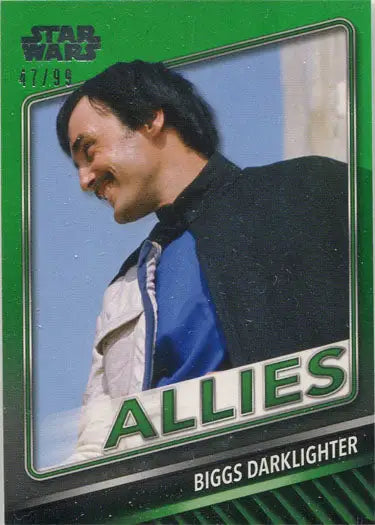 Star Wars trading card of Biggs Darklighter in blue and white, green parallel design