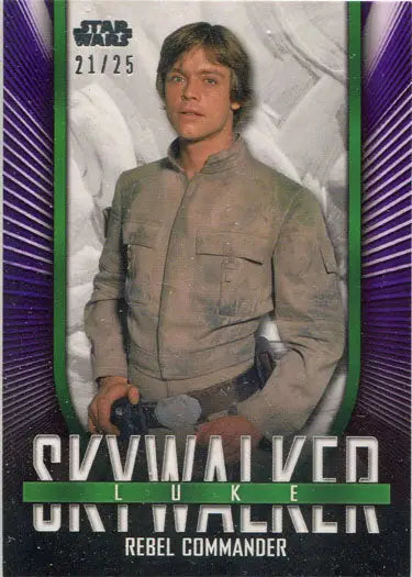 Star Wars Skywalker Saga trading card featuring young man in beige jacket, purple parallel design