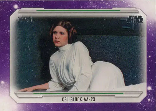 Woman in a white robe seated in Star Wars Skywalker Saga Purple Parallel Base Card 50
