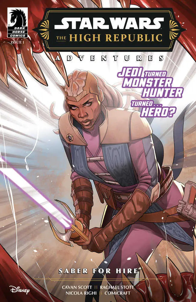 Comic book cover by Rachael Stott featuring a warrior with a pink lightsaber
