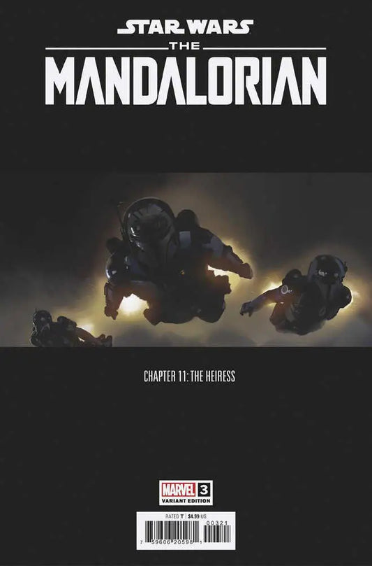 Comic book cover for Star Wars: The Mandalorian with silhouetted figures in darkness