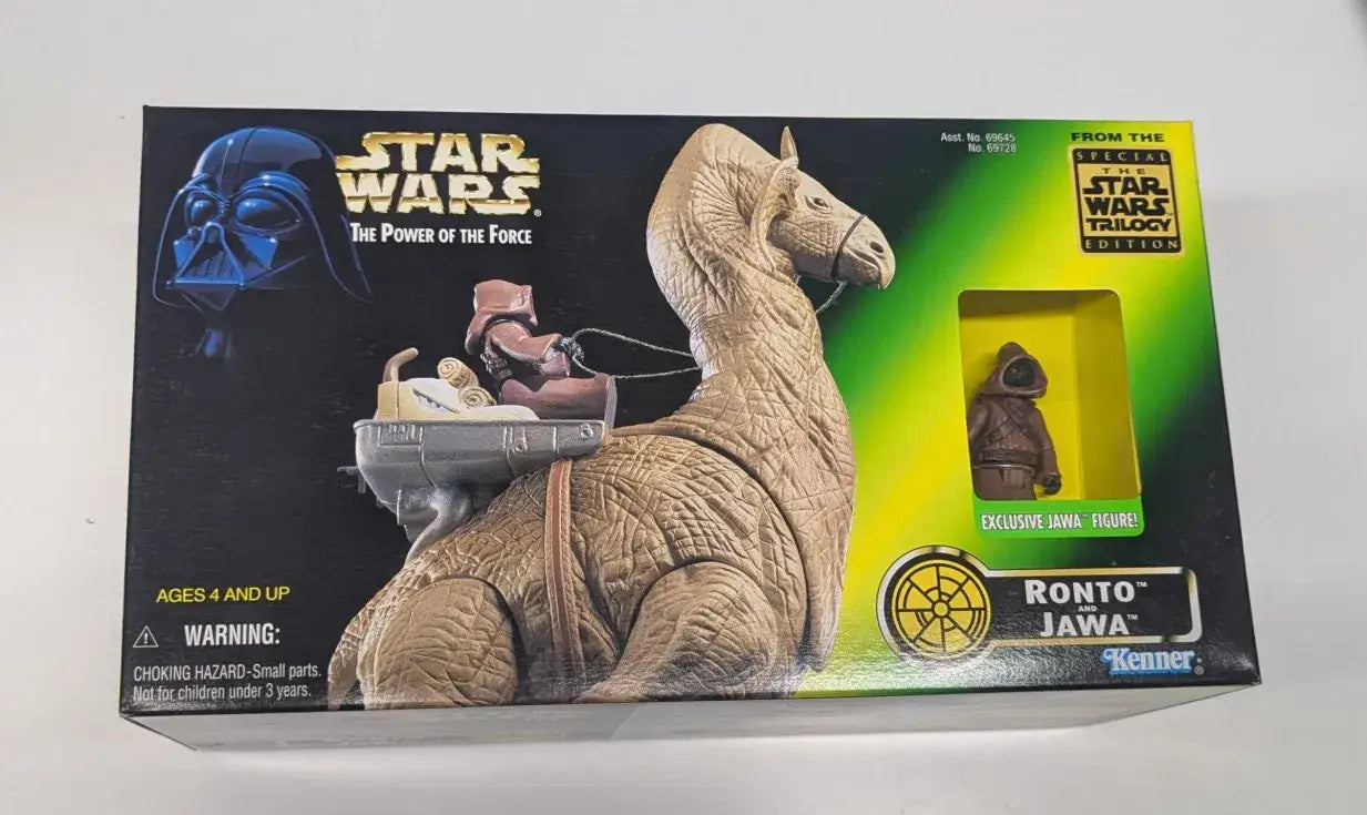 Star Wars The Power of the Force Ronto and Jawa action figures on display
