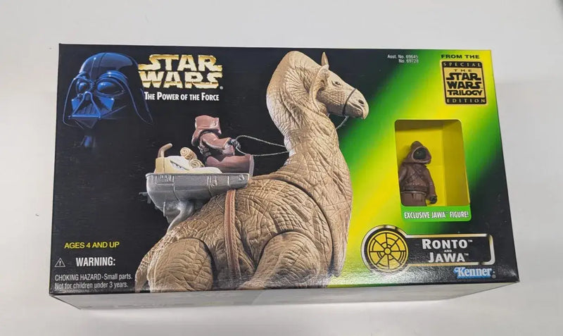 Star Wars The Power of the Force Ronto and Jawa action figures on display
