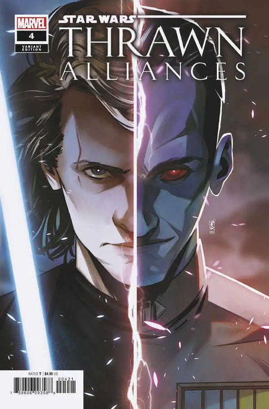 Comic book cover art of split-face human and alien in Star Wars: Thrawn Alliances #4, perfect for trading cards