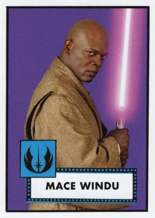 Star Wars trading card of Jedi Mace Windu with purple lightsaber for baseball fans