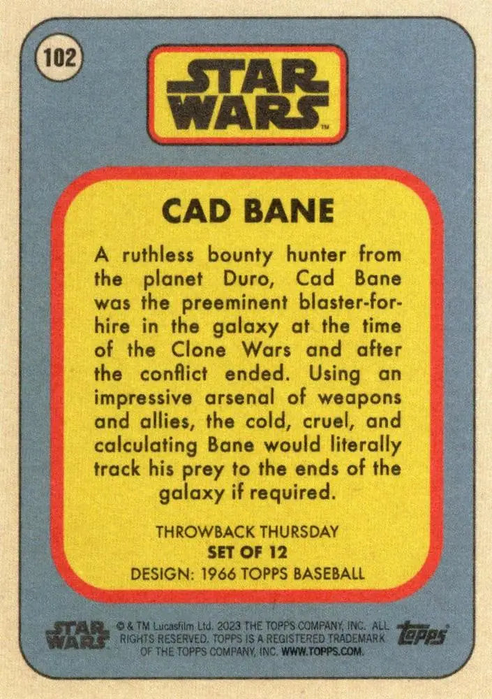 Vintage Star Wars trading card of Cad Bane from 1966 Topps Baseball collection
